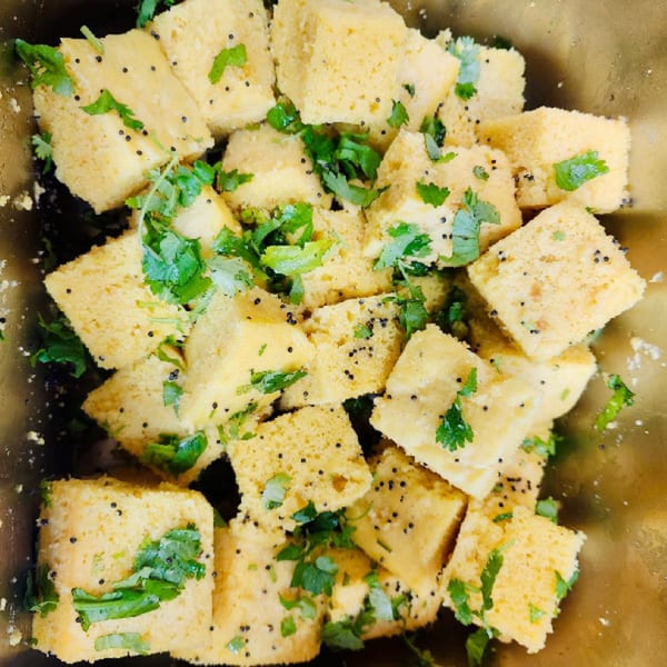 Close-up of MaanKi Thali's Dhokla, garnished with fresh cilantro and mustard seeds.